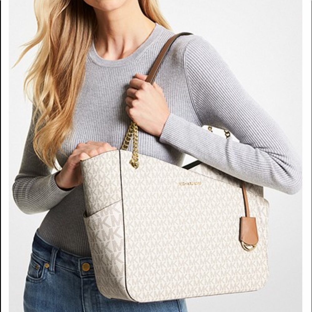 MICHAEL KORS LARGE X CHAIN SHOULDER TOTE BAG VANILLA SIGNATURE - Picture 3 of 16